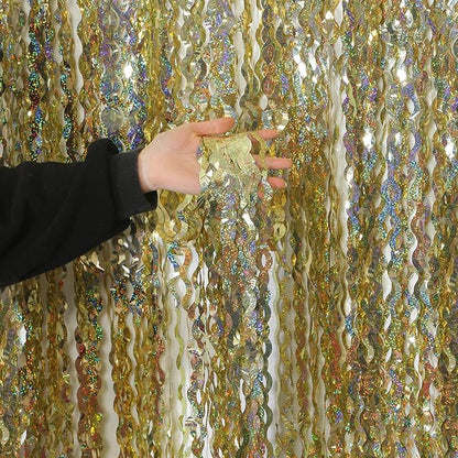 4 Pack Wavy Sparkle Champagne Gold Metallic Tinsel Foil Fringe Curtains Photo - Image 9