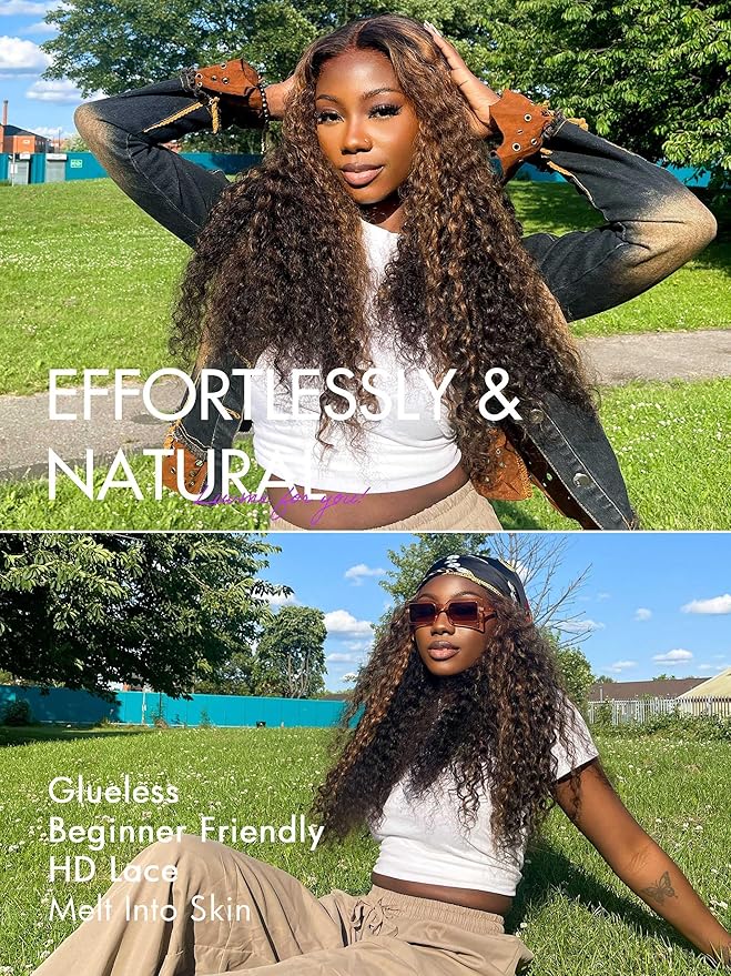 LUVME HAIR 22 Inch Highlight Brown Curly Lace Front Wig Human Hair Pre Cut Lace Glueless 5X5 Closure Wig Pre Plucked For Women 180 Density