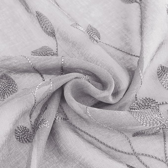 HOMEIDEAS Grey Sheer Curtains 2 Panels, Embroidered Vine Leaf, W52xL63 | Faux - Image 6
