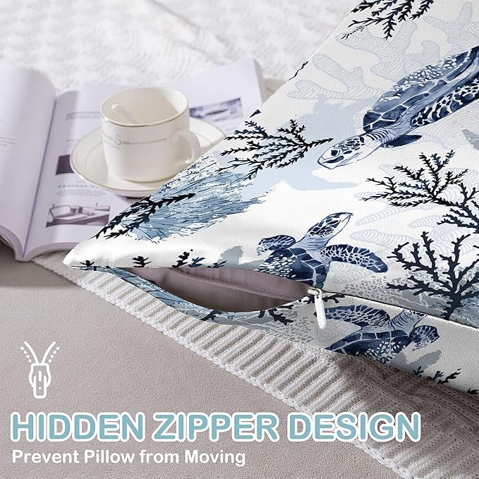 Nautical Turtle and Corals Satin Pillow Case Queen Size,Soft Pillowcases for Hair and Skin Similar to Silk,Pillowcases with Hidden Zipper Bedding Accessories,20X30 Inches,1 Pack