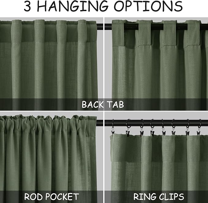 Olive Green Linen Blend Semi Sheer Curtains 102 Inches Long x 60 Inches Wide - Image 2