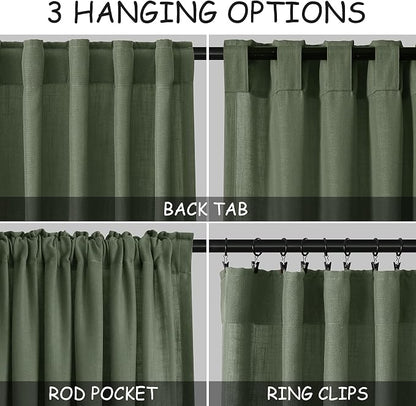 Olive Green Linen Blend Drapes 84 Inch Length 2 Panels Set Back Tab Rod Pocket - Image 3