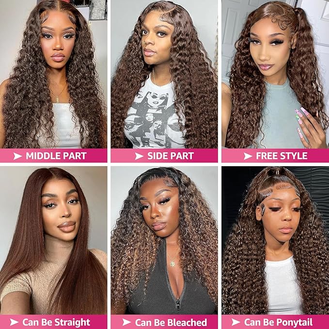 Deep Wave Lace Front Wigs Human Hair Chocolate Brown 13x6 HD Lace Front Wigs Pre Plucked Deep Curly Wigs Wet and Wavy Human Hair Frontal Wigs with Baby Hair 200% Density (32 Inch)