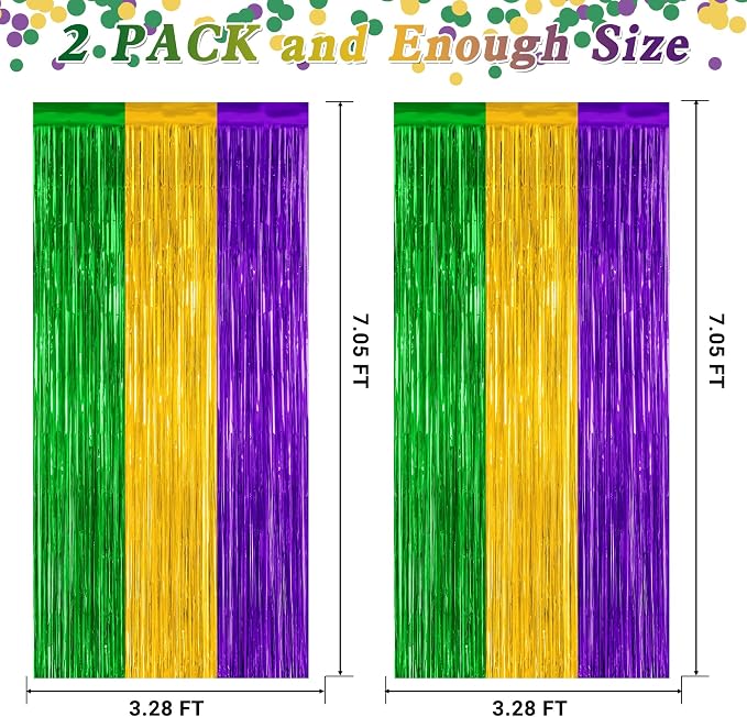 ZATAYE 2 Pack Purple Gold Green Foil Curtain Streamer Decorations | Purple Gold - Image 2