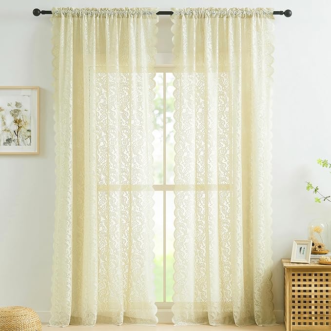 Bujasso Ivory Lace Sheer Curtains 108 inch Vintage Floral Sheer Window Curtain by Bujasso