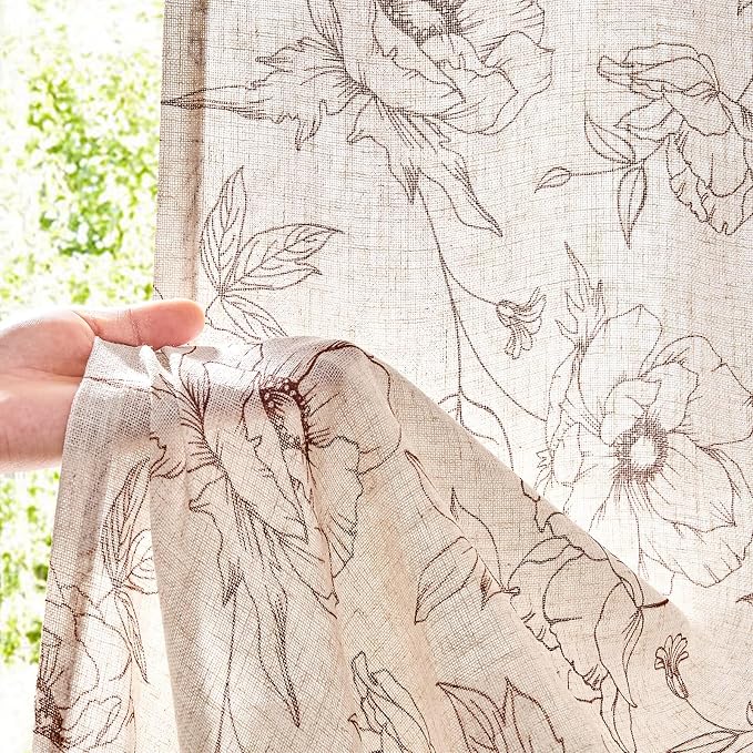 jinchan Floral Linen Curtains for Living Room 96 Inch Length Brown Flower - Image 3