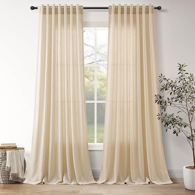 Tan Linen Curtains 90 Inch for Living Room Rod Pocket Back Tab Window Drapes by Nanspring