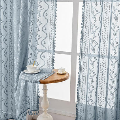 WAZZIO Boho Lace Curtains 2 Panels 63 Inch -Victorian Sheer Panel Drape French - Image 6