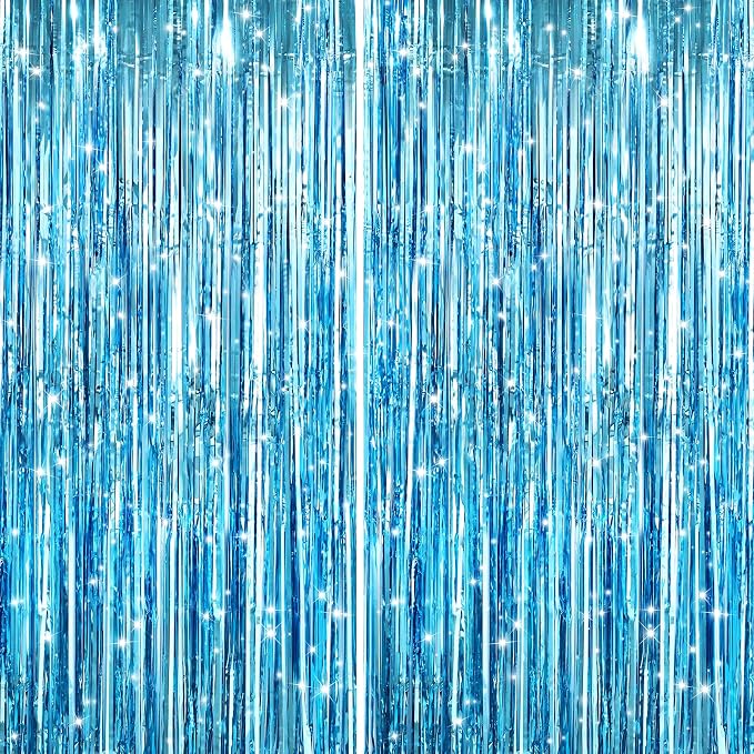 GCB 2Pack Blue Metallic Tinsel Foil Fringe Curtains, Tinsel Curtain Backdrop by GCBPartyDecorations