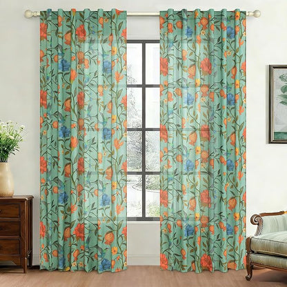 Green Floral Linen Curtains, Boho Whimsical Bird Print Curtains by JOOJA