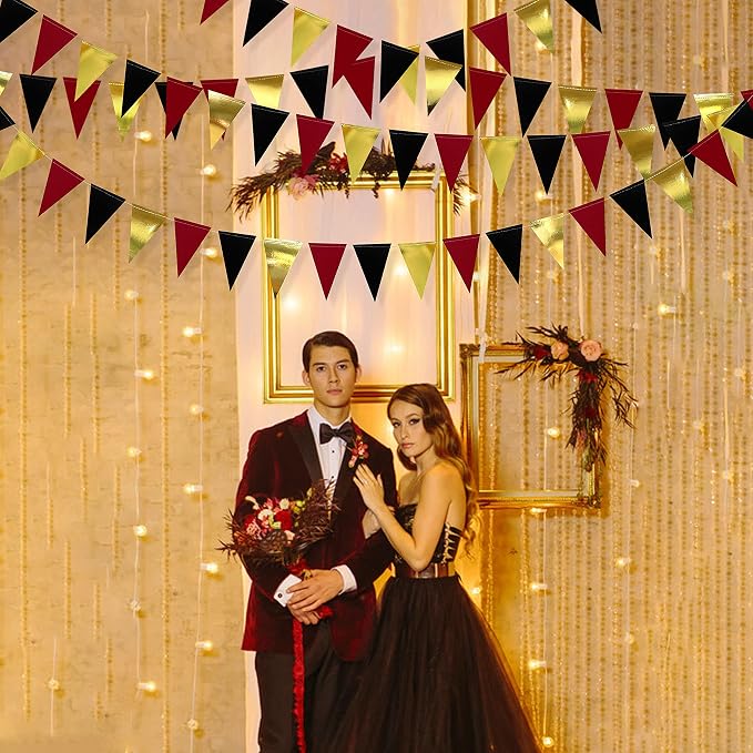 30 Ft Red Black and Gold Party Decorations Hanging Paper Triangle Banner - Image 5