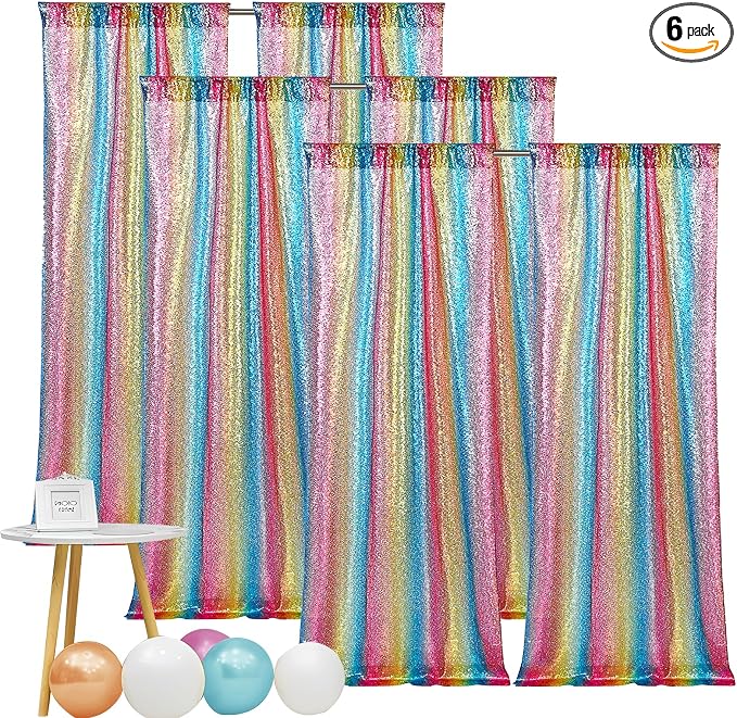 Hahuho Rainbow Sequin Backdrop Curtain, Party Decoration（6 Panels, 2FT x 8FT by Hahuho