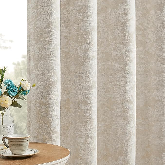 Beauoop Beige Floral Jacquard Blackout Curtains by Beauoop