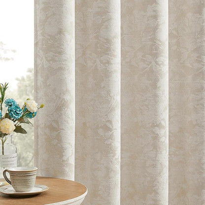 Beauoop Beige Floral Jacquard Blackout Curtains by Beauoop