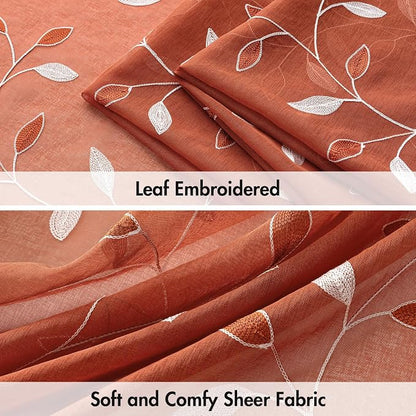 MIULEE Burnt Orange Sheer Fall Curtains 2 Panels Leaf Patterned, W52 x L54 | - Image 4