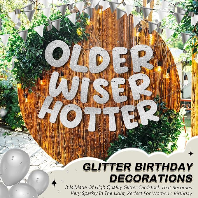 Fulmoon Set of 3 Pre Strung Older Wiser Hotter Glitter Banner Funny Birthday - Image 5