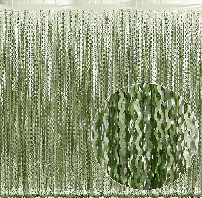4 Pack Sage Green Wavy Metallic Tinsel Foil Fringe Curtains 3.3x6.6 Feet - Image 2