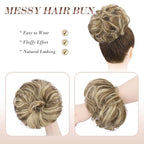 FESHFEN Messy Bun Hair Piece - Large Elastic Wavy Curly Hair Bun Scrunchies Ponytail Extensions Synthetic Chignon Hairpieces for Women, Brunette & Blonde 1.94oz