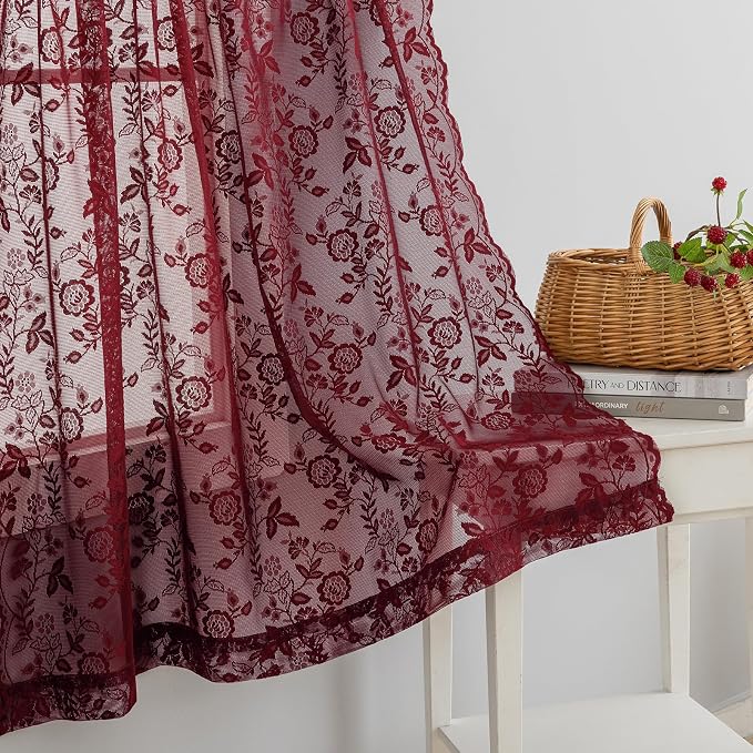 Short Burgundy Lace Curtains Rustic Leaf Floral W42 x L45 Inch 2 Panels | Rod - Image 6