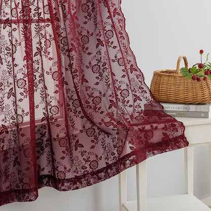 Short Burgundy Lace Curtains Rustic Leaf Floral W42 x L45 Inch 2 Panels | Rod - Image 6