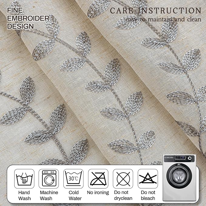 2 Panels Linen Leaf String Floral Embroidered Semi Sheer Curtain Farmhouse - Image 6