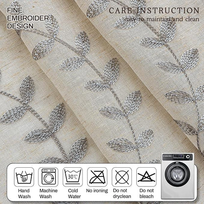 2 Panels Linen Leaf String Floral Embroidered Semi Sheer Curtain Farmhouse - Image 6