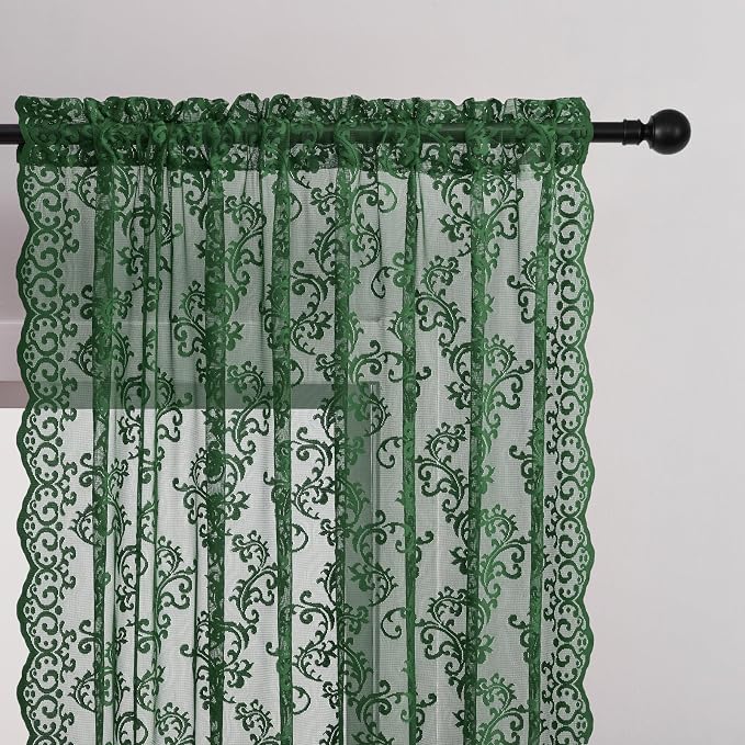 Dark Green Lace Curtains 72 Inches Long 2 Panels Country Vintage Sheer Lace - Image 3