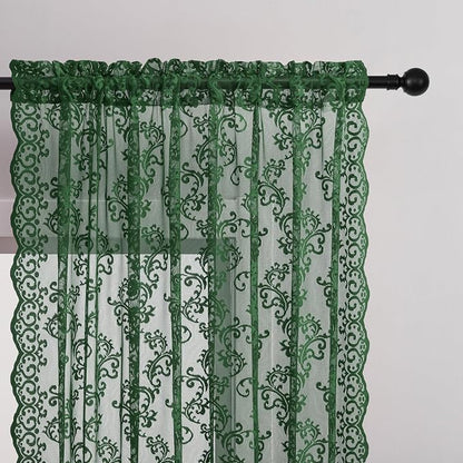 FOLKSIDE Dark Green Lace Curtains 63 Inch Length 2 Panels Paisley Floral Lace - Image 3