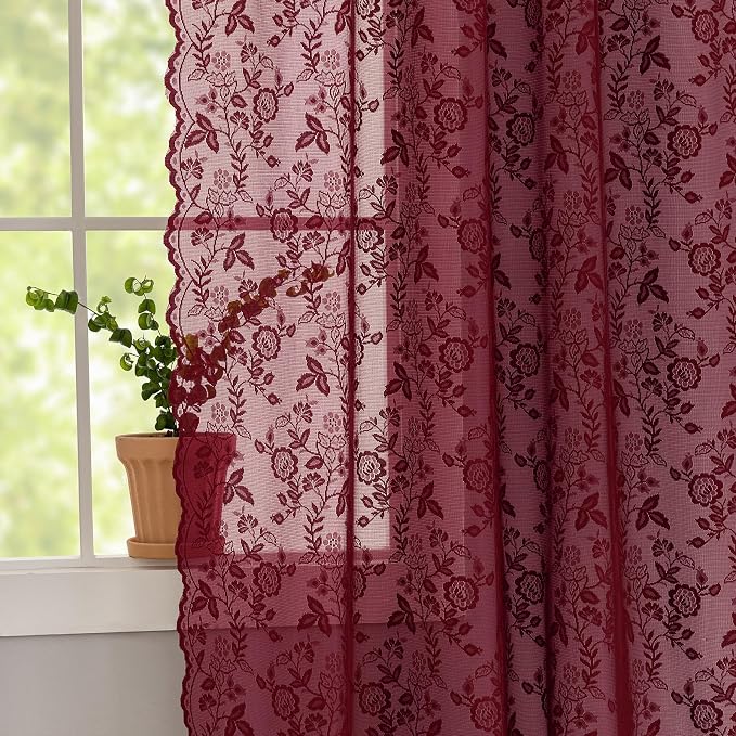 FINECITY Burgundy Lace Curtains Rustic Leaf Floral 42 x 84 Inch, 2 Panels | Rod - Image 4