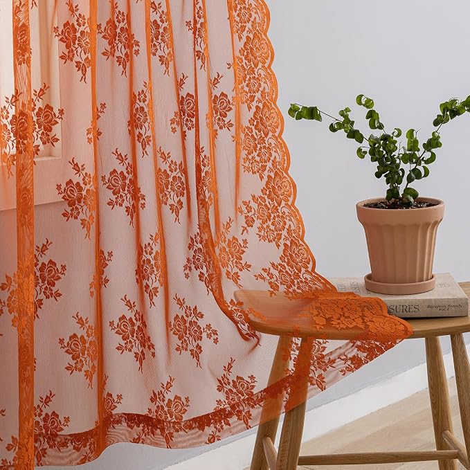 Kotile Burnt Orange Lace Kitchen Curtains Rustic Floral 2*W42 x L36 Inch | Rod - Image 6