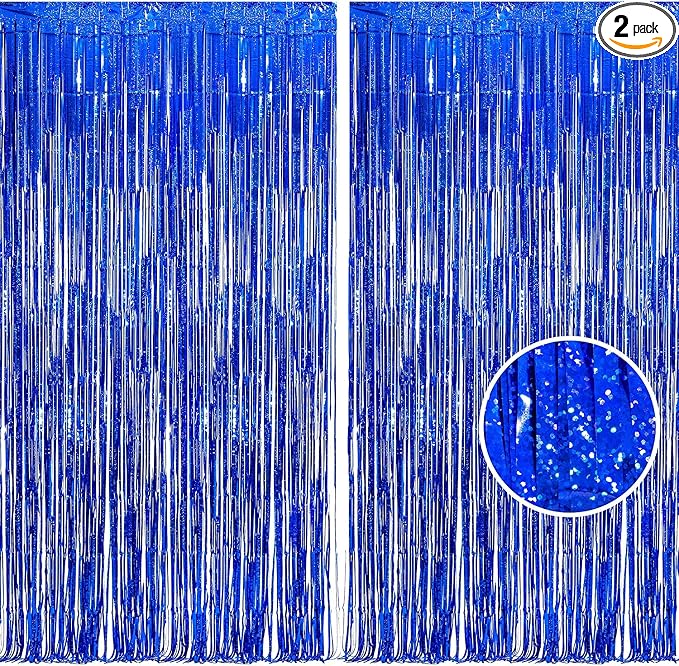 BRAVESHINE Blue Tinsel Foil Fringe Curtains ｜ 2 PCS Metallic Photo Backdrop | by BRAVESHINE