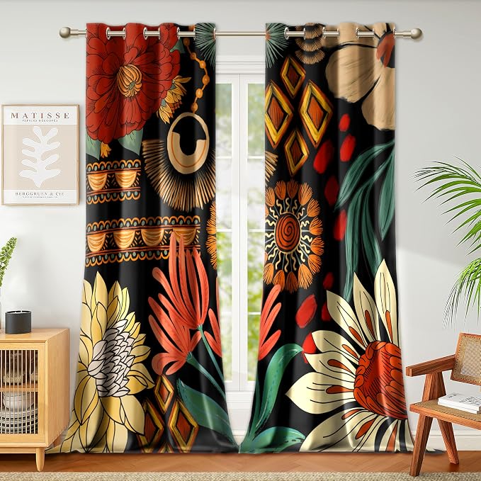 Tyrot 100% Blackout Black Boho Floral Curtains by TyrotHomeDecor
