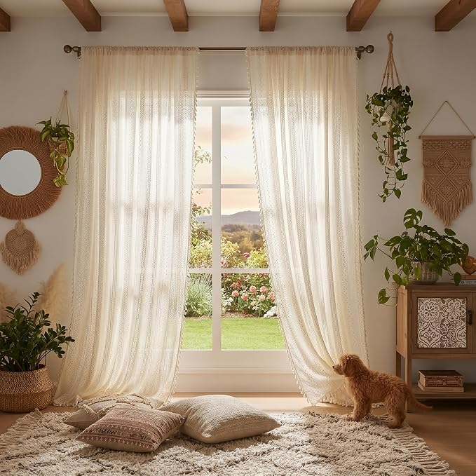 WAZZIO Boho Lace Curtains 72 Inches 2 Panel, Light Filtering Privacy Tassel & - Image 8