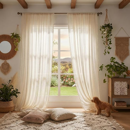WAZZIO Boho Lace Curtains 72 Inches 2 Panel, Light Filtering Privacy Tassel & - Image 8