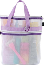 S&T INC. Mesh Shower Caddy, Shower Bag for Dorm Room Essentials, Gym Bag, Camping and More, Two Zippered Pockets, White and Purple, 10 Inches x 10 Inches