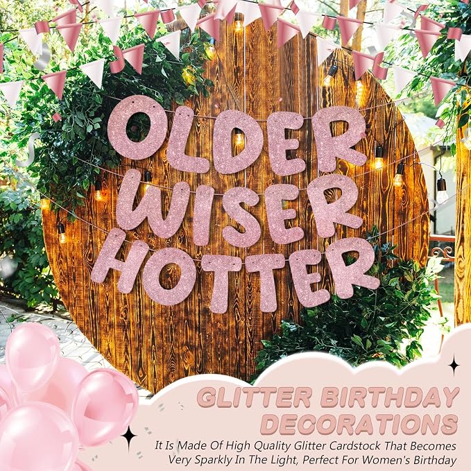 Fulmoon Set of 3 Pre Strung Older Wiser Hotter Glitter Banner Funny Birthday - Image 4