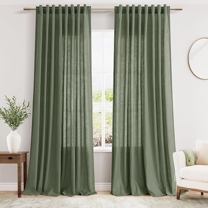 Olive Green Linen Blend Semi Sheer Curtains 108 Inches Long x 60 Inches Wide by Nanspring