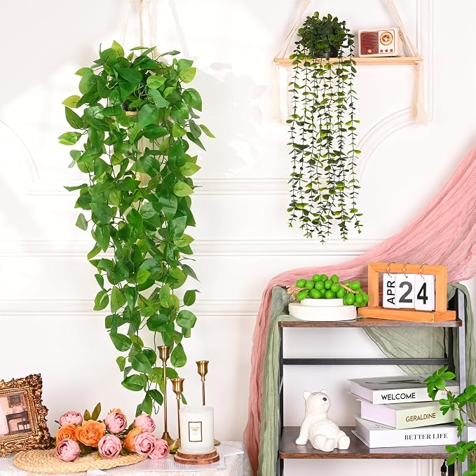 2Pcs Fake Hanging Plants with Pot, Potted Faux Eucalyptus | Fake Vines Ivy - Image 5