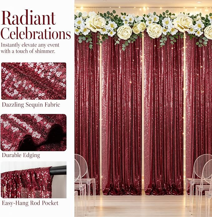 ShinyBeauty Sequin Backdrop 4 Panels Burgundy 2x8ft - Image 3