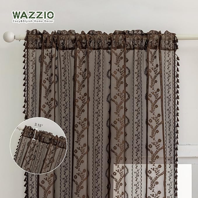 WAZZIO Boho Lace Curtains 2 Panels 84 Inch -Victorian Sheer Panel Drape French - Image 7