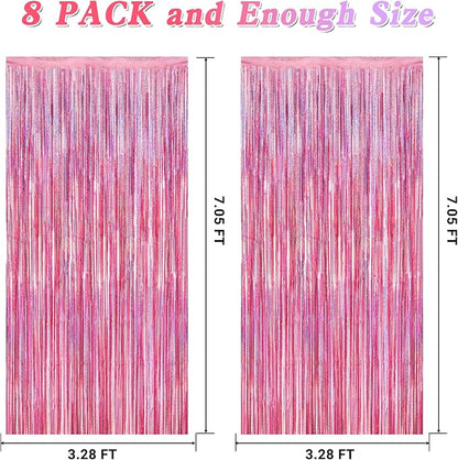 8 Pack Pink Backdrop, 3.28 FT x 7.05 FT Fringe Curtains, Metallic Glitter Pink - Image 2