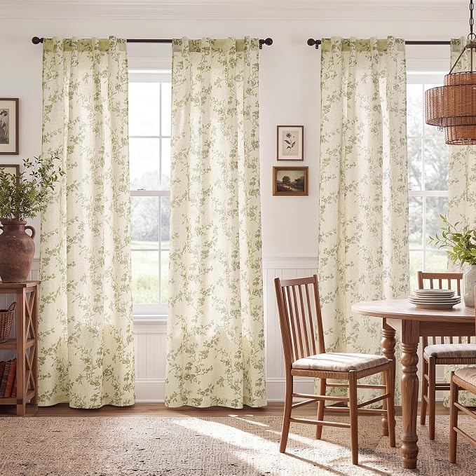 jinchan Green Floral Linen Curtains 84 Inch Flower Drapes Back Tab 2 Panels | - Image 3