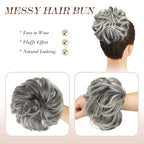 FESHFEN Messy Bun Hair Piece - Elastic Wavy Curly Hair Bun Scrunchies Extensions Synthetic Chignon Hairpieces for Women Girls, Black Gray and White Tips 1.5 oz