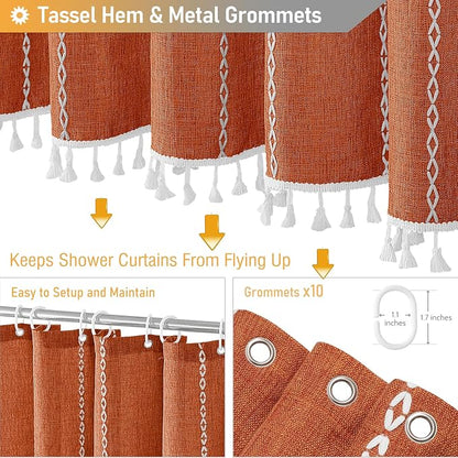 60 x 84 Boho Linen Heavy Duty Cloth Shower Curtain Set, Burnt Orange | Narrow - Image 5