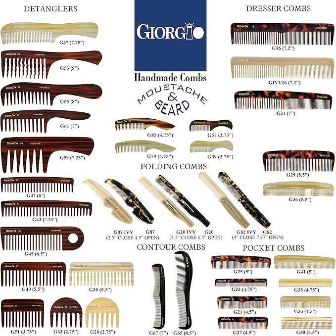 Giorgio G16 Fine Tooth and Wide Tooth Detangler Comb - Hair Comb for Men and for Women - Ideal as a Hair Styling Barber Comb and Detangler - Saw Cut and Handmade (Ivory)