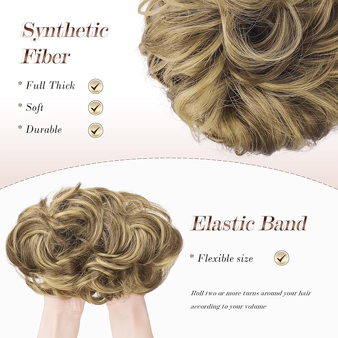 FESHFEN Messy Bun Hair Piece - Large Elastic Wavy Curly Hair Bun Scrunchies Ponytail Extensions Synthetic Chignon Hairpieces for Women, Ash Brown & Blonde 1.94oz