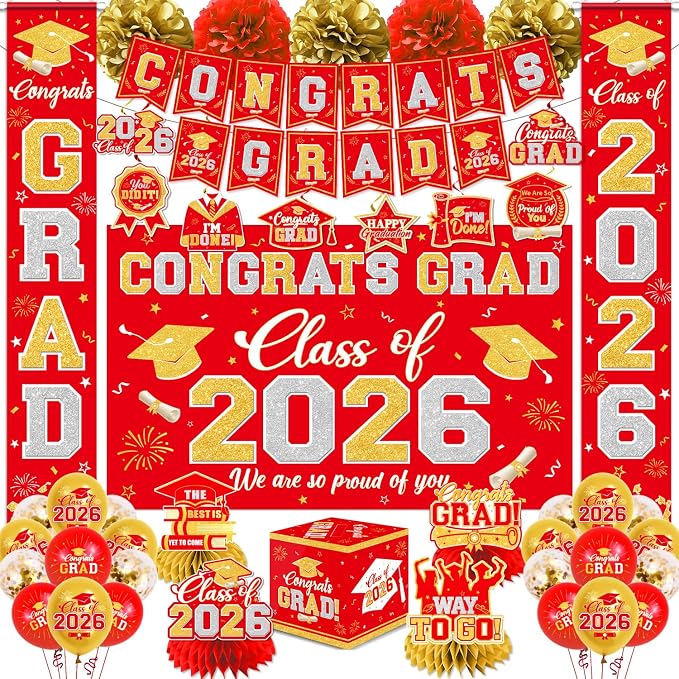 Graduation Decorations Class of 2026 Red and Gold Graduation Decorations by YTGUVBK