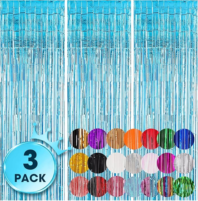 Voircoloria Light Blue Foil Fringe Backdrop Curtains, 3 Pack | Tinsel Streamers by Voircoloria