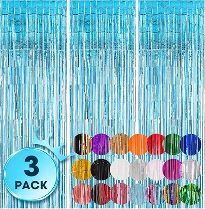 Voircoloria Light Blue Foil Fringe Backdrop Curtains, 3 Pack | Tinsel Streamers by Voircoloria