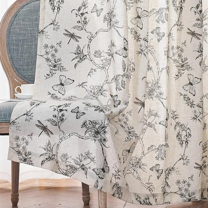 Black Floral Linen Curtains Farmhouse Rod Pocket 50W X 96L 2 Panels | Charlotte - Image 9
